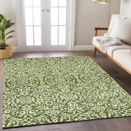 Olive Green And Ivory Damask Washable Indoor Outdoor Area Rug Photo 9