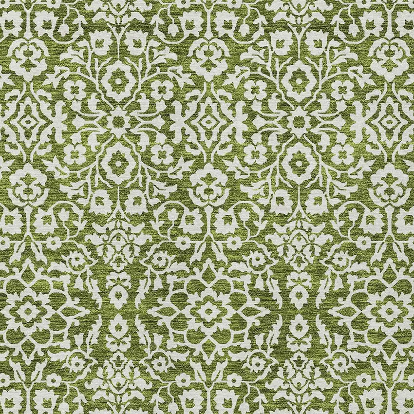 Olive Green And Ivory Damask Washable Indoor Outdoor Area Rug Photo 6