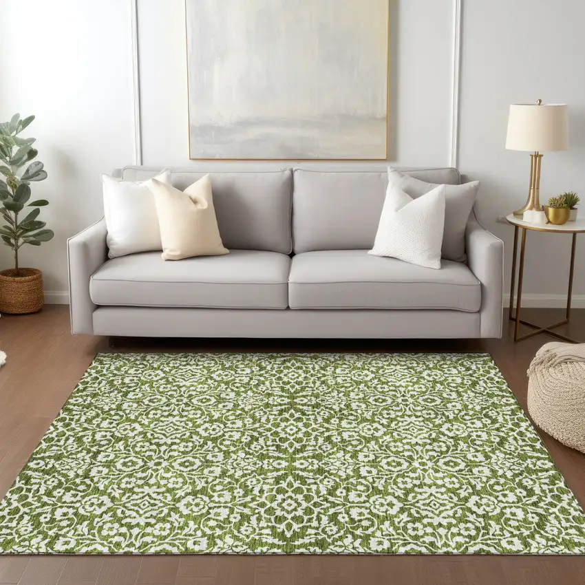 Olive Green And Ivory Damask Washable Indoor Outdoor Area Rug Photo 9