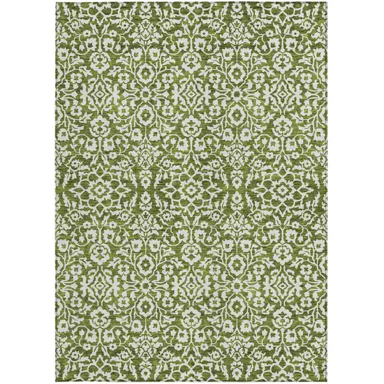 Olive Green And Ivory Damask Washable Indoor Outdoor Area Rug Photo 7