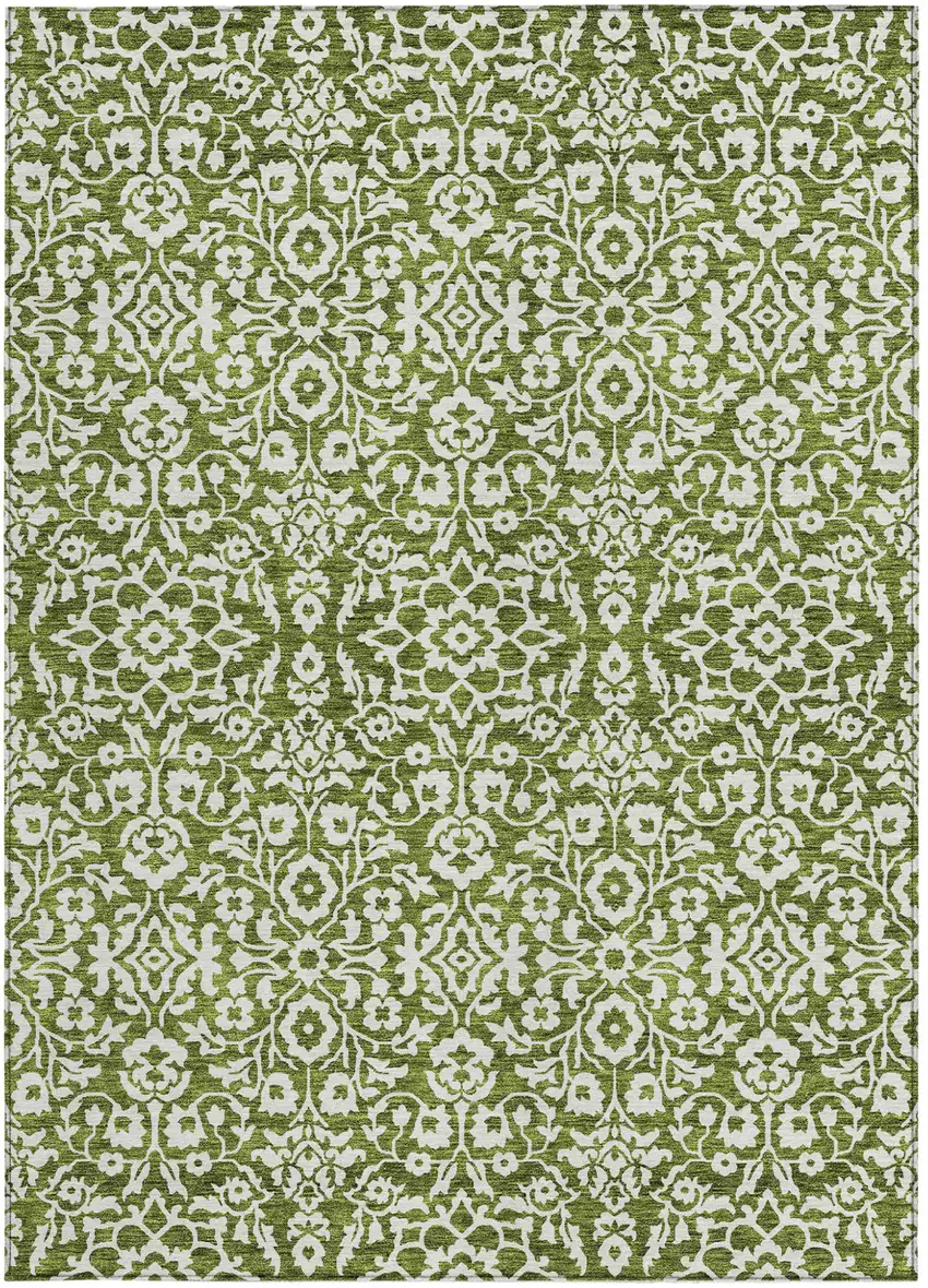 Olive Green And Ivory Damask Washable Indoor Outdoor Area Rug Photo 7
