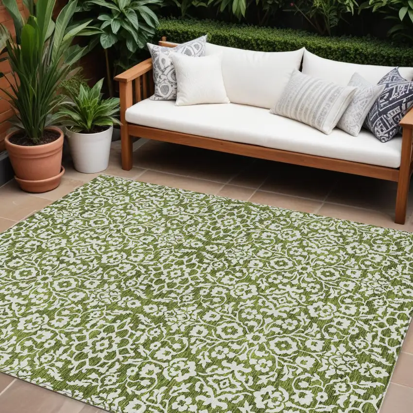 Olive Green And Ivory Damask Washable Indoor Outdoor Area Rug Photo 1