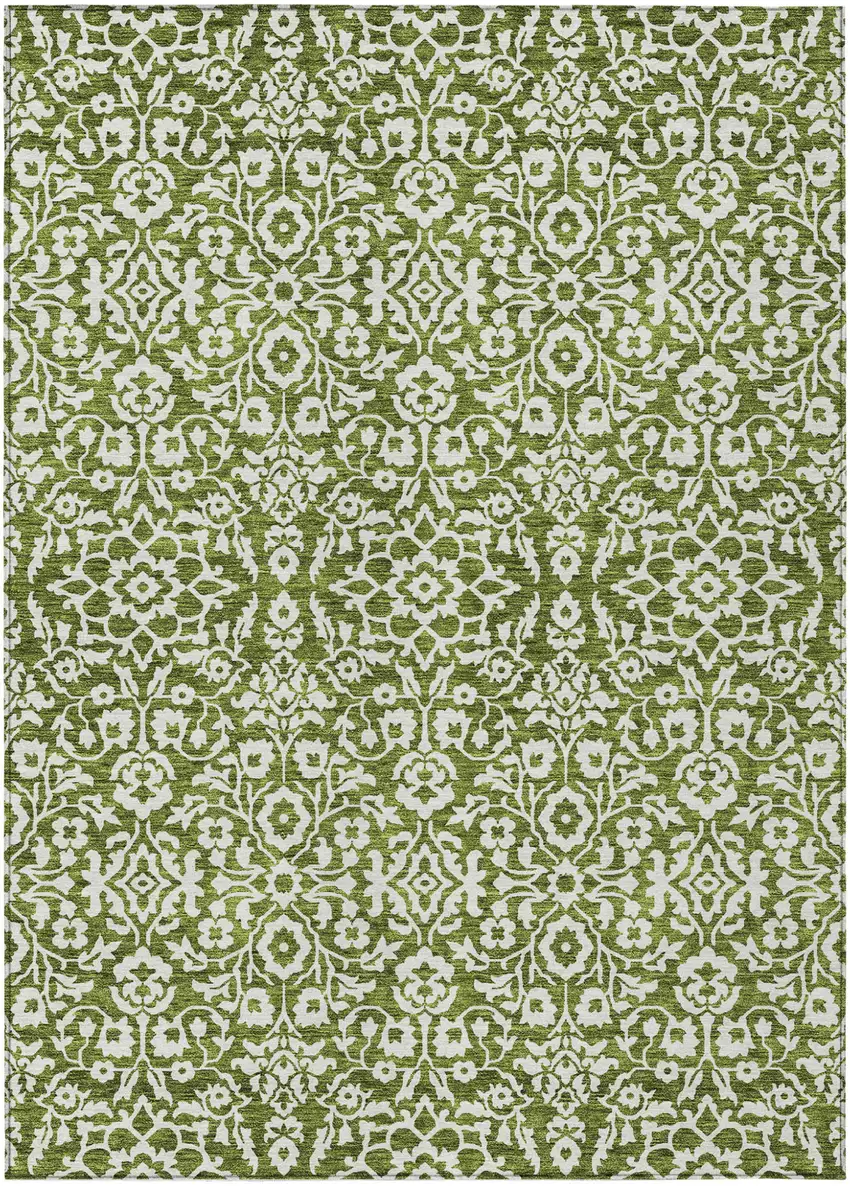 Olive Green And Ivory Damask Washable Indoor Outdoor Area Rug Photo 2