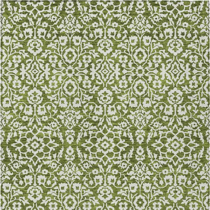 Olive Green And Ivory Damask Washable Indoor Outdoor Area Rug Photo 7