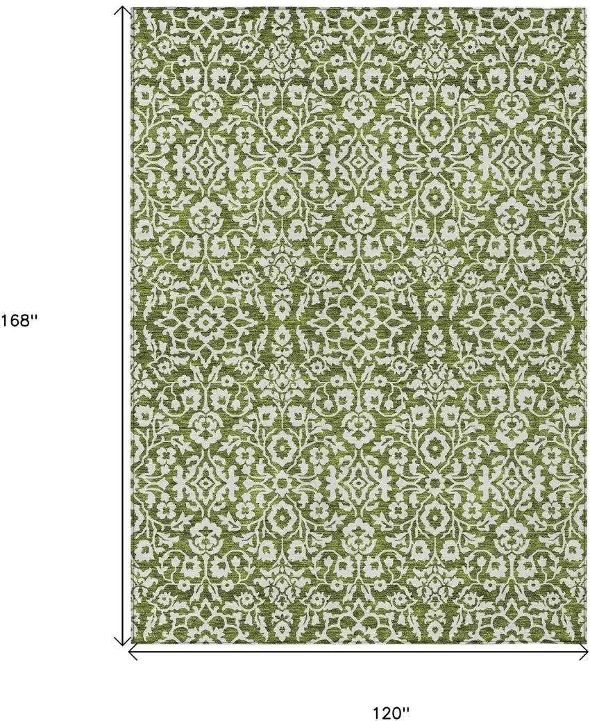 Olive Green And Ivory Damask Washable Indoor Outdoor Area Rug Photo 3