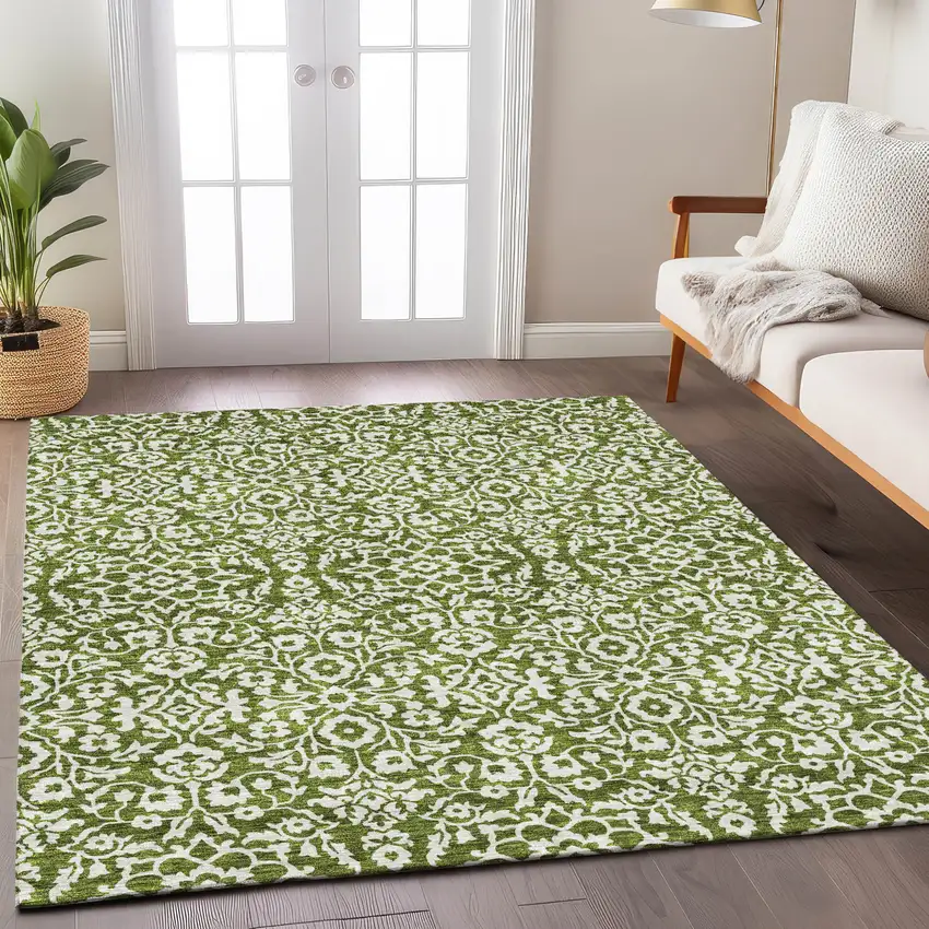 Olive Green And Ivory Damask Washable Indoor Outdoor Area Rug Photo 9