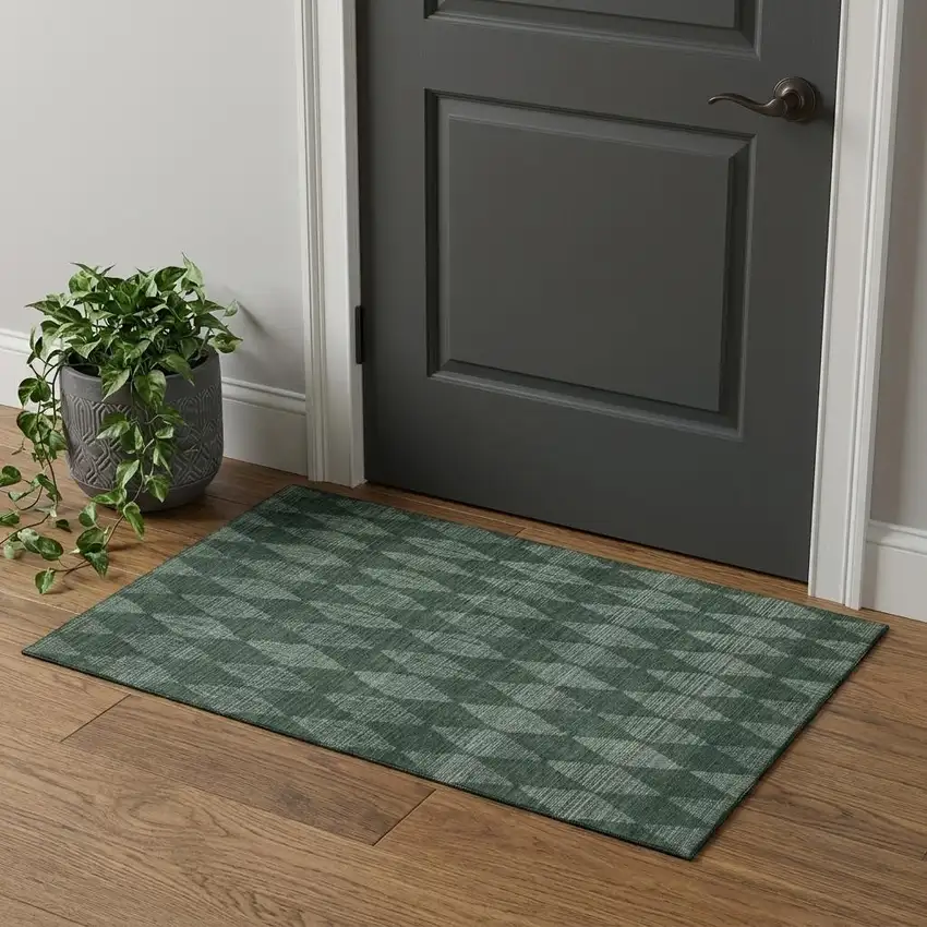 Olive Green And Ivory Diamond Washable Area Rug With UV Protection Photo 1