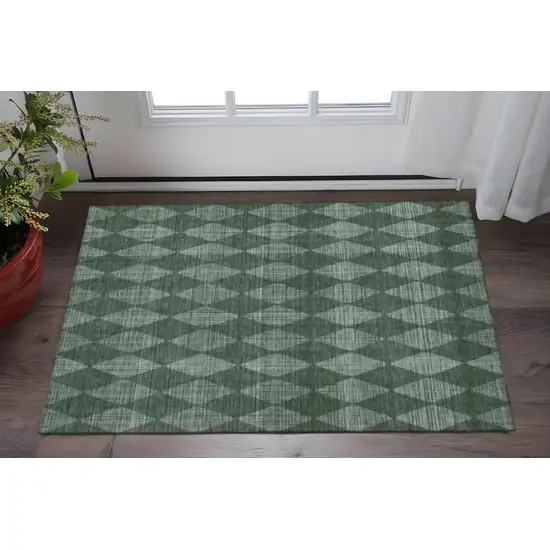 Olive Green And Ivory Diamond Washable Area Rug With UV Protection Photo 2