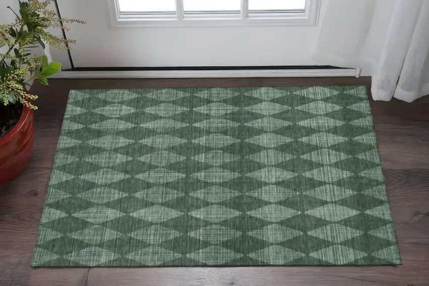 Olive Green And Ivory Diamond Washable Area Rug With UV Protection Photo 2