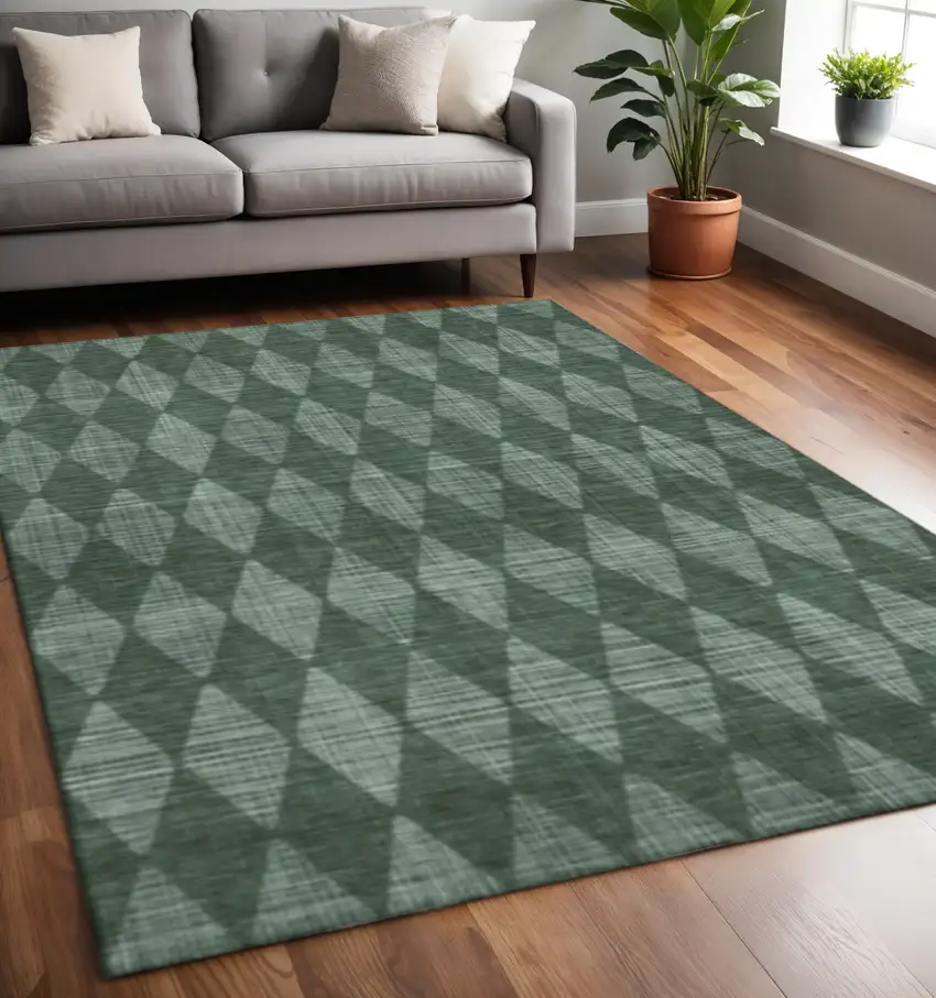 Olive Green And Ivory Diamond Washable Area Rug With UV Protection Photo 2