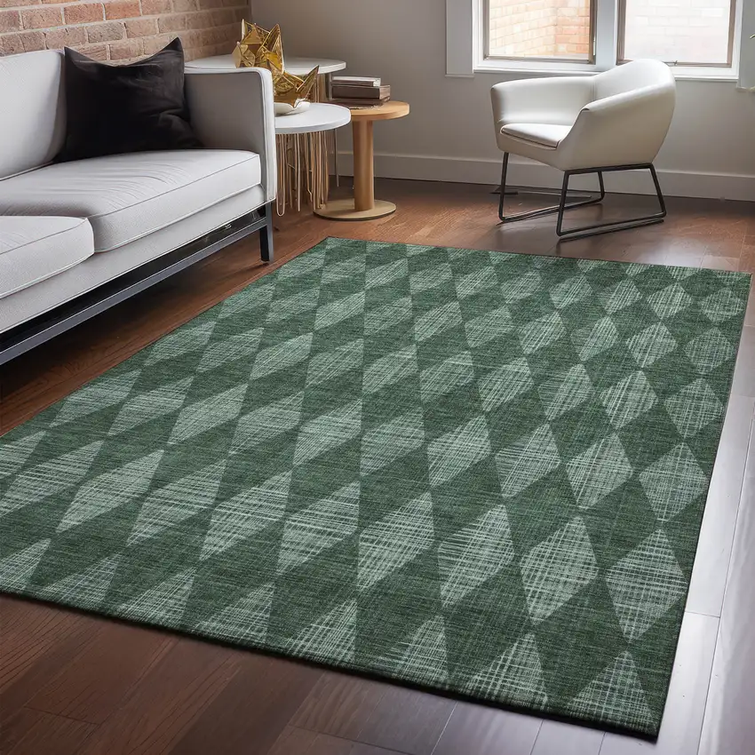 Olive Green And Ivory Diamond Washable Area Rug With UV Protection Photo 3