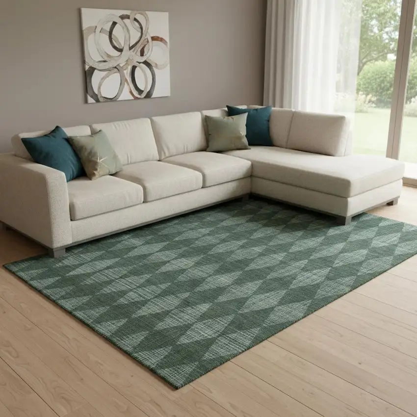 Olive Green And Ivory Diamond Washable Area Rug With UV Protection Photo 1