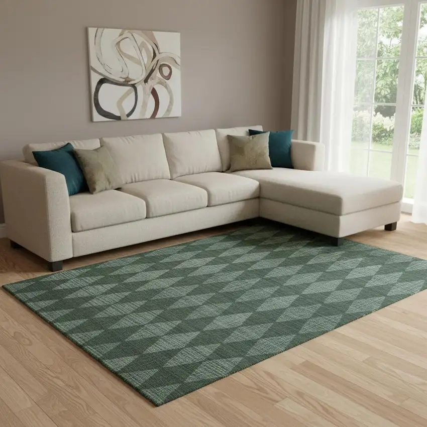 Olive Green And Ivory Diamond Washable Area Rug With UV Protection Photo 1