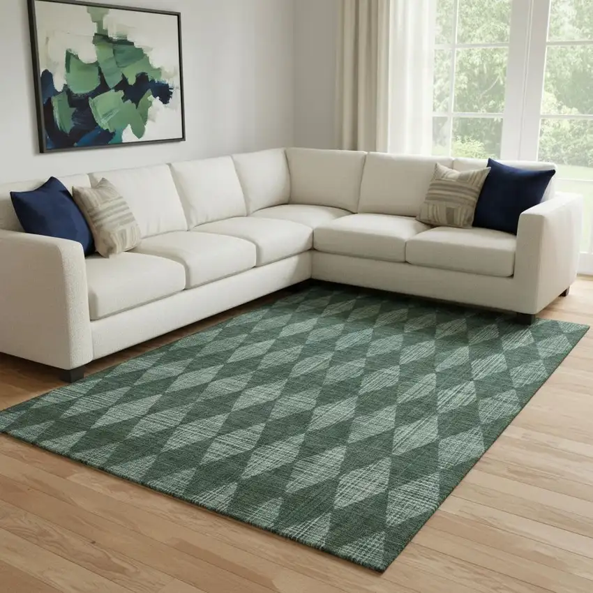 Olive Green And Ivory Diamond Washable Area Rug With UV Protection Photo 1