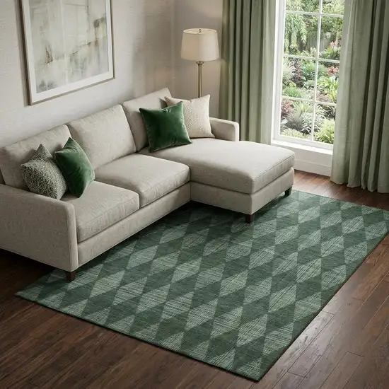 Olive Green And Ivory Diamond Washable Area Rug With UV Protection Photo 1