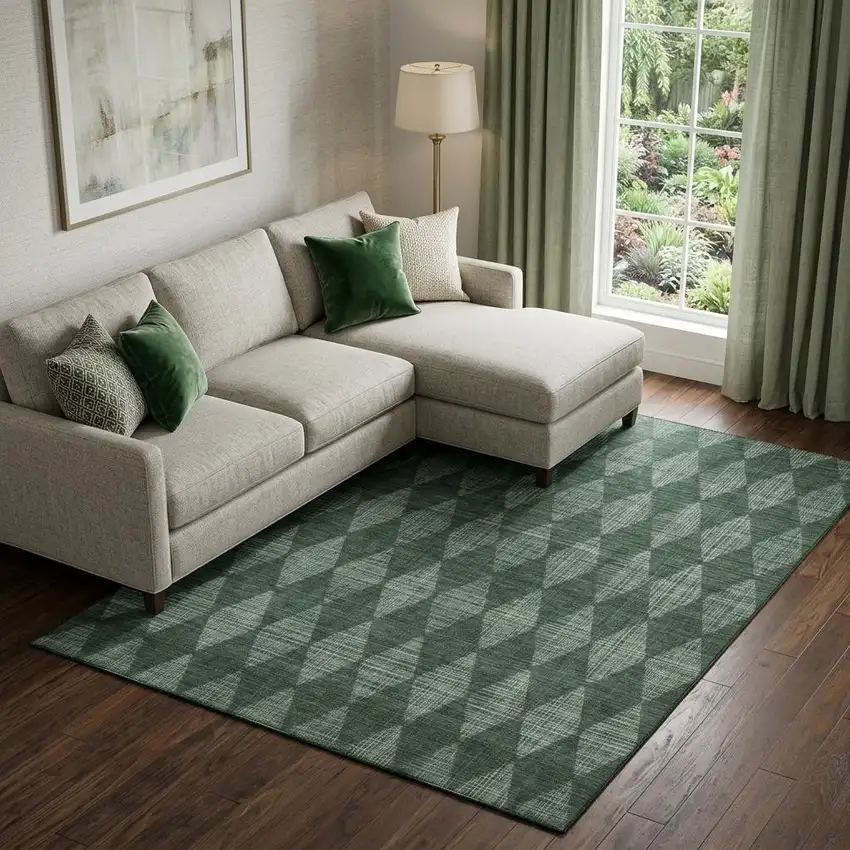 Olive Green And Ivory Diamond Washable Area Rug With UV Protection Photo 1