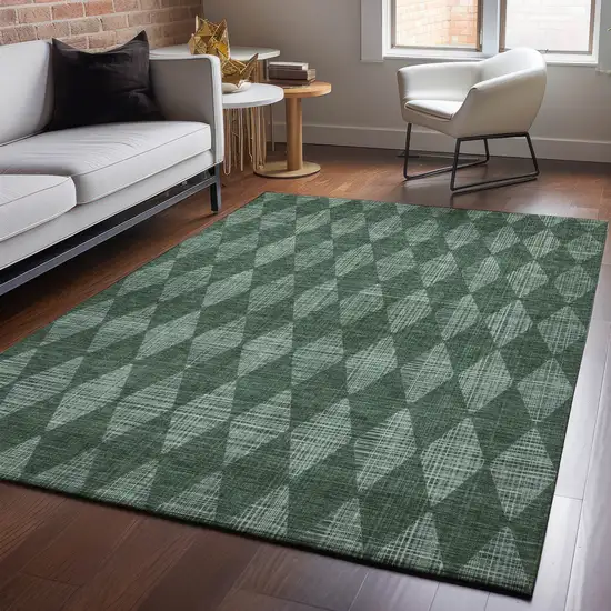 Olive Green And Ivory Diamond Washable Area Rug With UV Protection Photo 3