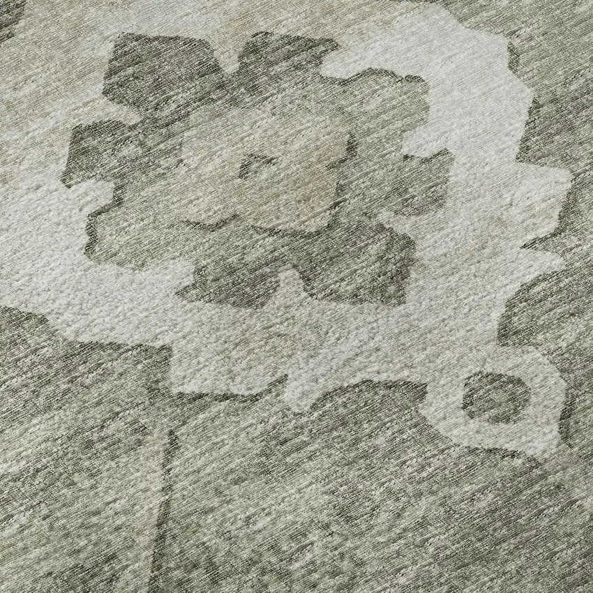 Olive Green And Ivory Floral Medallion Washable Area Rug With UV Protection Photo 9