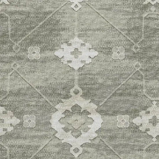 Olive Green And Ivory Floral Medallion Washable Area Rug With UV Protection Photo 9