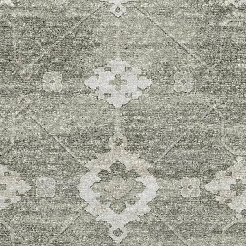 Olive Green And Ivory Floral Medallion Washable Area Rug With UV Protection Photo 9