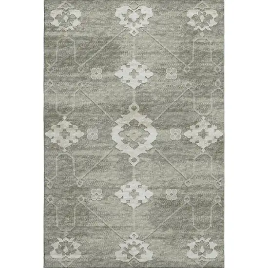 Olive Green And Ivory Floral Medallion Washable Area Rug With UV Protection Photo 2