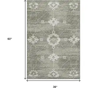 Photo of Olive Green And Ivory Floral Medallion Washable Area Rug With UV Protection