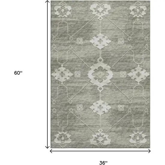 Olive Green And Ivory Floral Medallion Washable Area Rug With UV Protection Photo 3