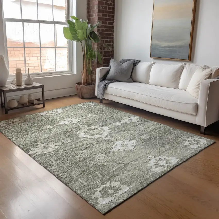 Olive Green And Ivory Floral Medallion Washable Area Rug With UV Protection Photo 4