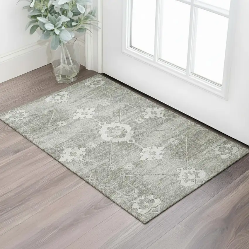 Olive Green And Ivory Floral Medallion Washable Area Rug With UV Protection Photo 1