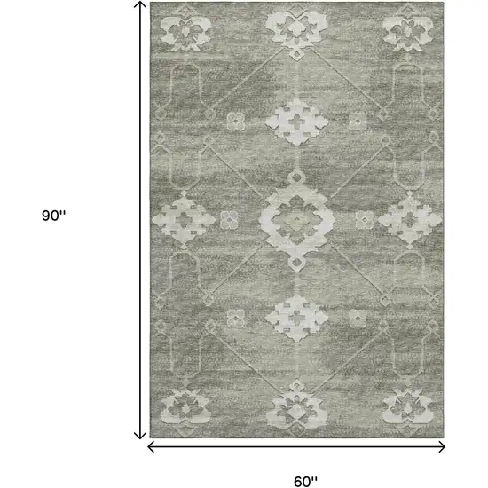 Olive Green And Ivory Floral Medallion Washable Area Rug With UV Protection Photo 3