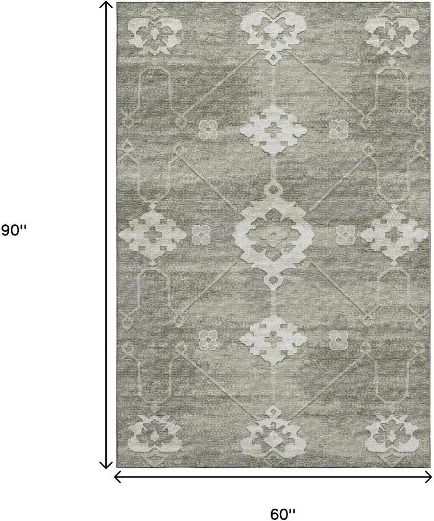 Olive Green And Ivory Floral Medallion Washable Area Rug With UV Protection Photo 3