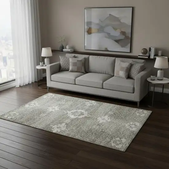 Olive Green And Ivory Floral Medallion Washable Area Rug With UV Protection Photo 1