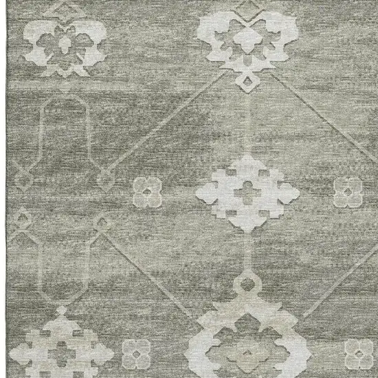 Olive Green And Ivory Floral Medallion Washable Area Rug With UV Protection Photo 9