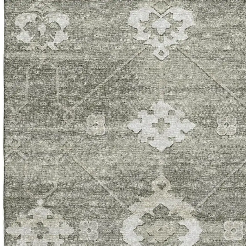 Olive Green And Ivory Floral Medallion Washable Area Rug With UV Protection Photo 9