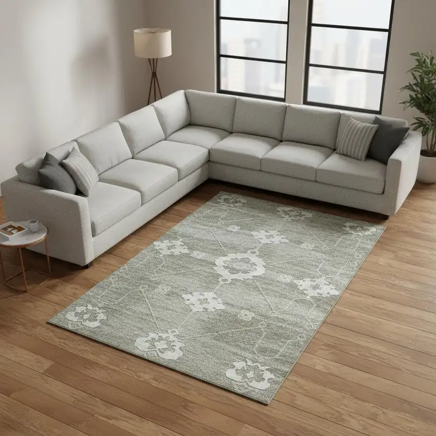 Olive Green And Ivory Floral Medallion Washable Area Rug With UV Protection Photo 1