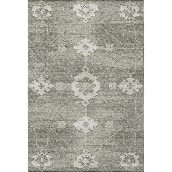 Olive Green And Ivory Floral Medallion Washable Area Rug With UV Protection Photo 6