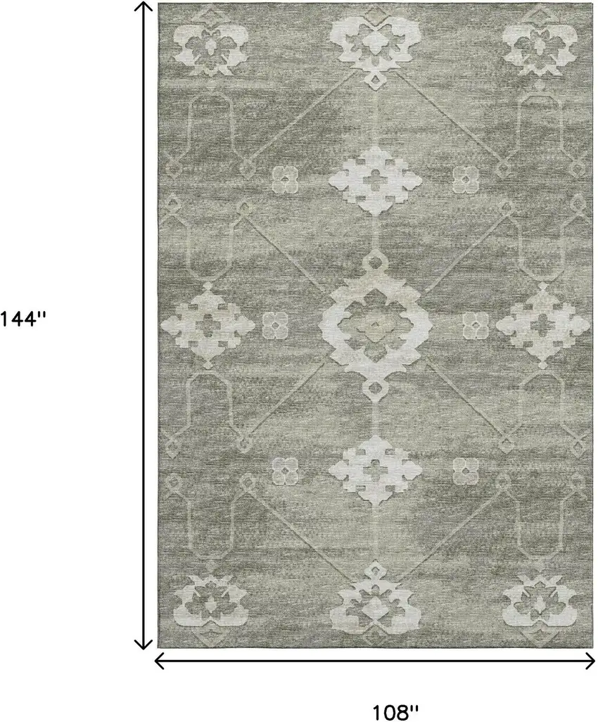 Olive Green And Ivory Floral Medallion Washable Area Rug With UV Protection Photo 3