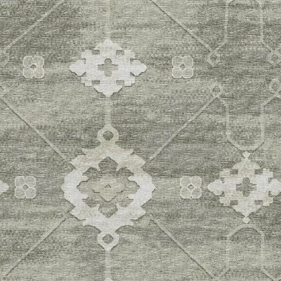 Olive Green And Ivory Floral Medallion Washable Area Rug With UV Protection Photo 9