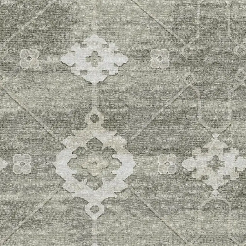 Olive Green And Ivory Floral Medallion Washable Area Rug With UV Protection Photo 9