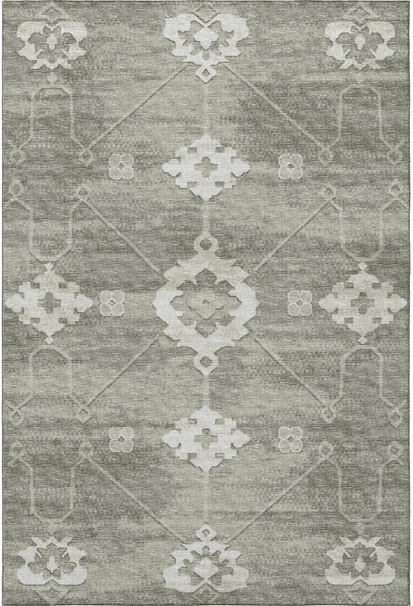 Olive Green And Ivory Floral Medallion Washable Area Rug With UV Protection Photo 6