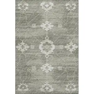 Photo of Olive Green And Ivory Floral Medallion Washable Area Rug With UV Protection