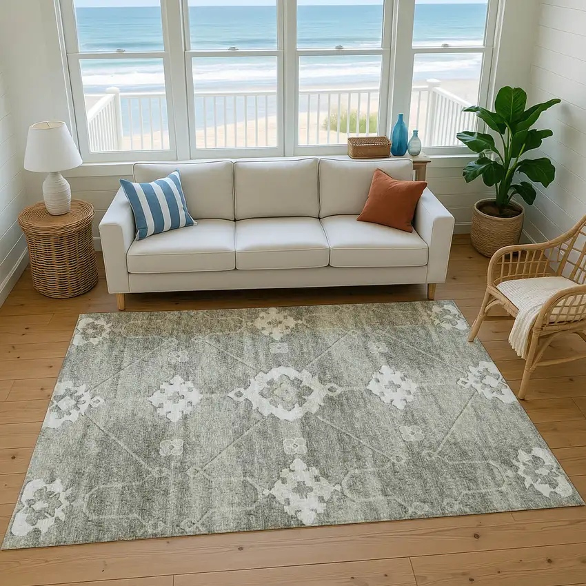 Olive Green And Ivory Floral Medallion Washable Area Rug With UV Protection Photo 5