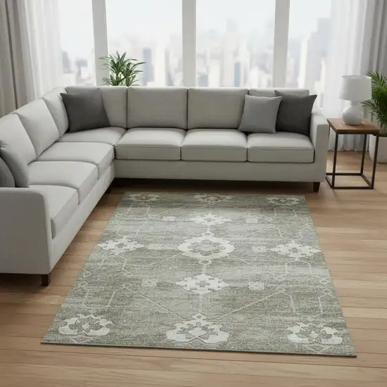 Olive Green And Ivory Floral Medallion Washable Area Rug With UV Protection Photo 1