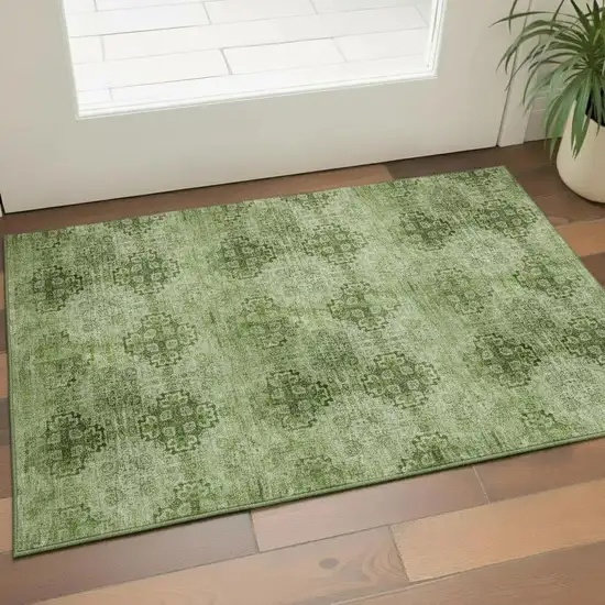 Olive Green And Ivory Floral Medallion Washable Area Rug With UV Protection Photo 1