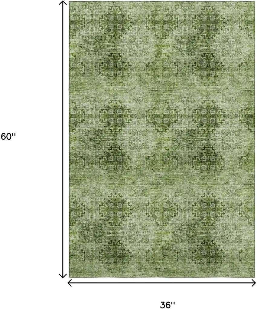 Olive Green And Ivory Floral Medallion Washable Area Rug With UV Protection Photo 3