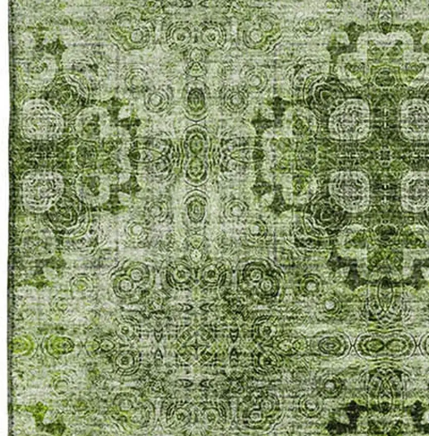 Olive Green And Ivory Floral Medallion Washable Area Rug With UV Protection Photo 3