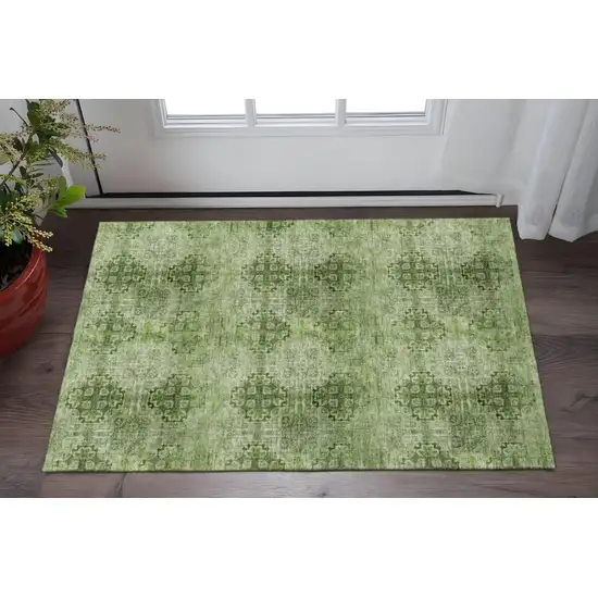 Olive Green And Ivory Floral Medallion Washable Area Rug With UV Protection Photo 2