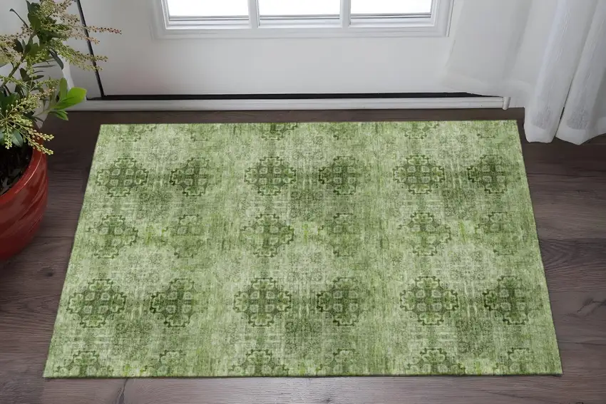 Olive Green And Ivory Floral Medallion Washable Area Rug With UV Protection Photo 2