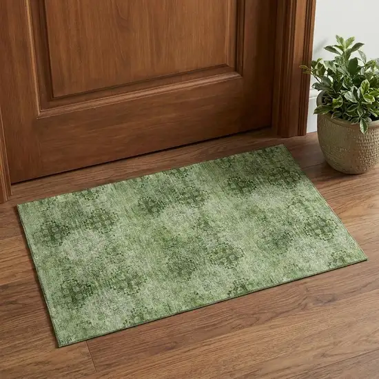 Olive Green And Ivory Floral Medallion Distressed Washable Area Rug With UV Protection Photo 1