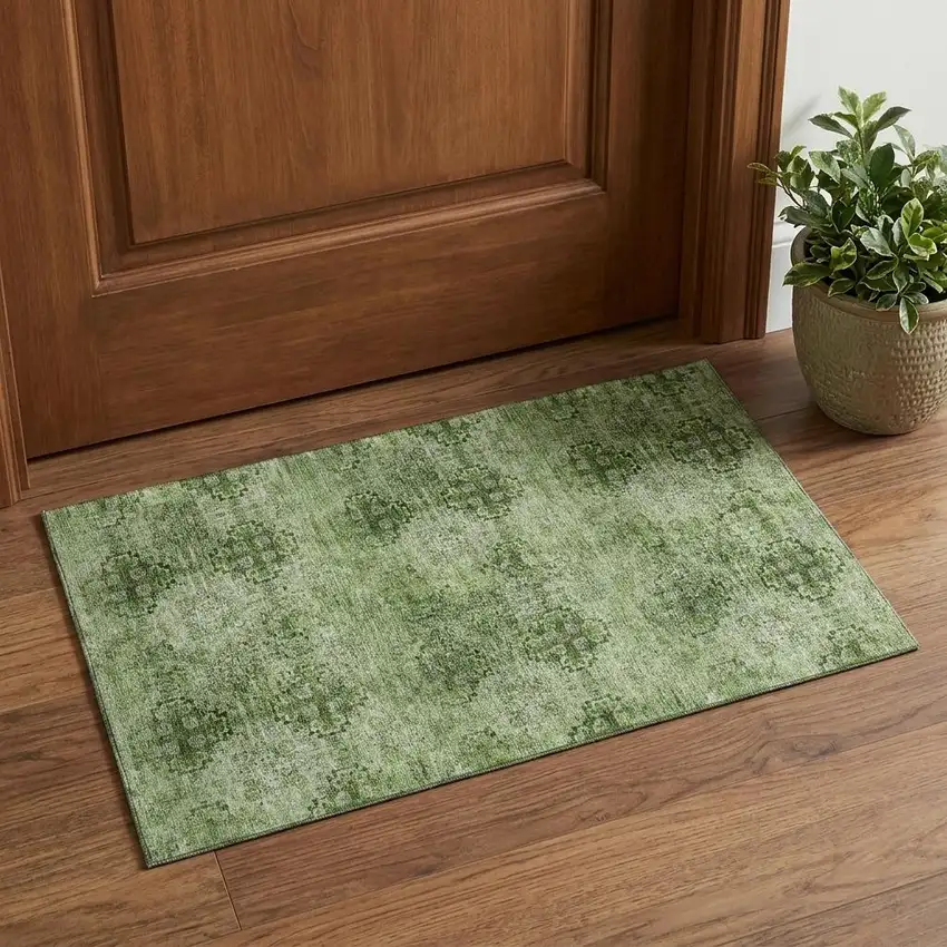 Olive Green And Ivory Floral Medallion Distressed Washable Area Rug With UV Protection Photo 1